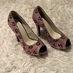 Black and light pink bedazzled 5 inch peep toe heels